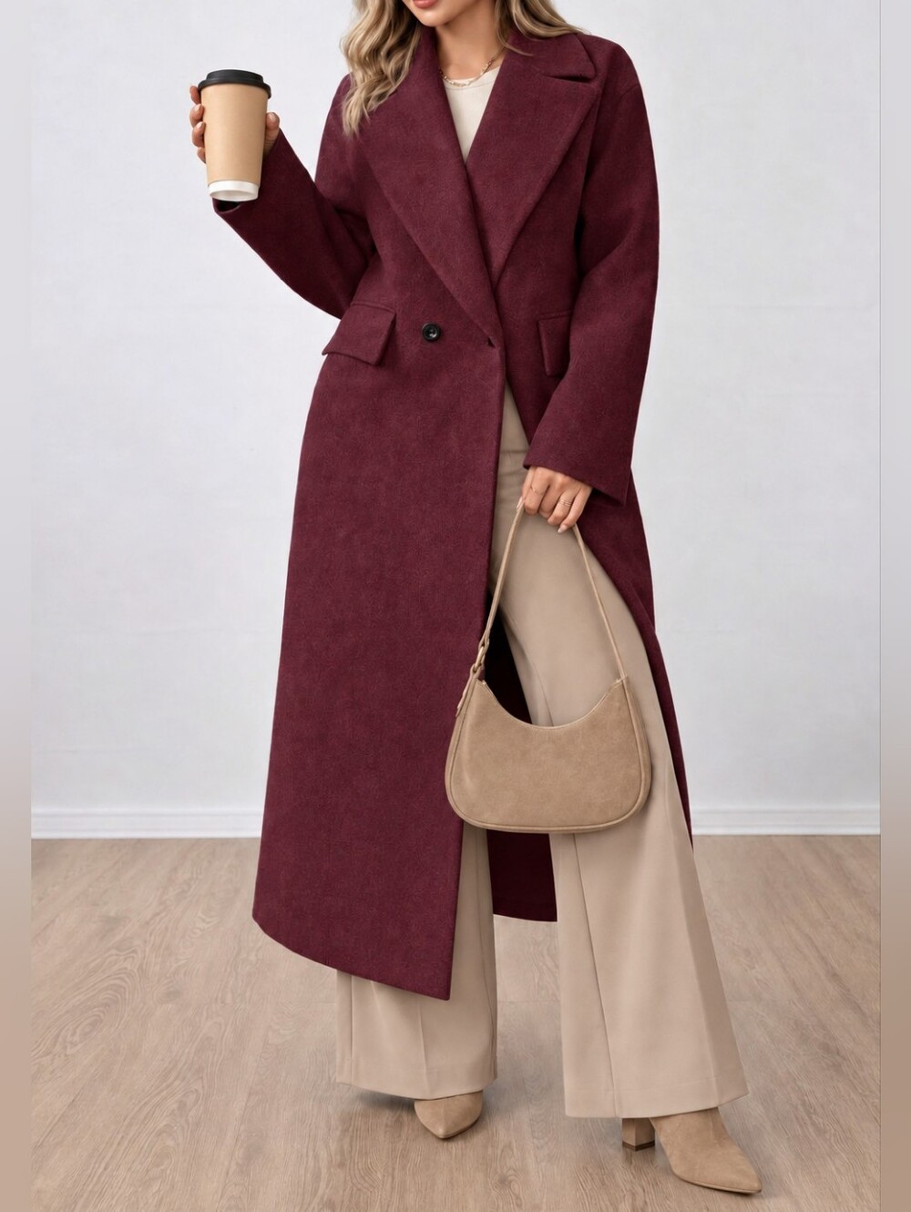 New Oversized Double Breasted Long Coat Jacket Burgundy Red